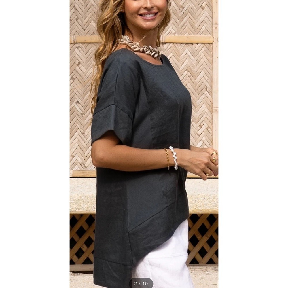Nomad the Label "Costa" Top French Linen/Cotton Charcoal Boxy Lagenlook L/XL